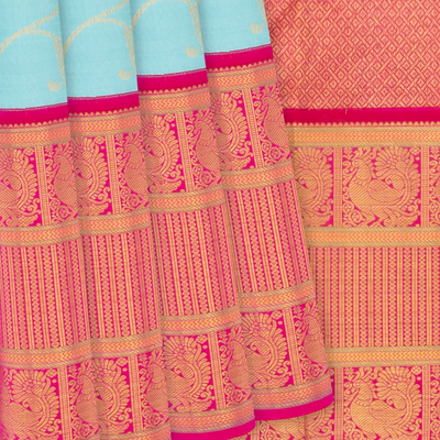 Turquoise Handloom Kanchipuram Korvai Silk Saree With Floral Zari Motifs  -Turquoise