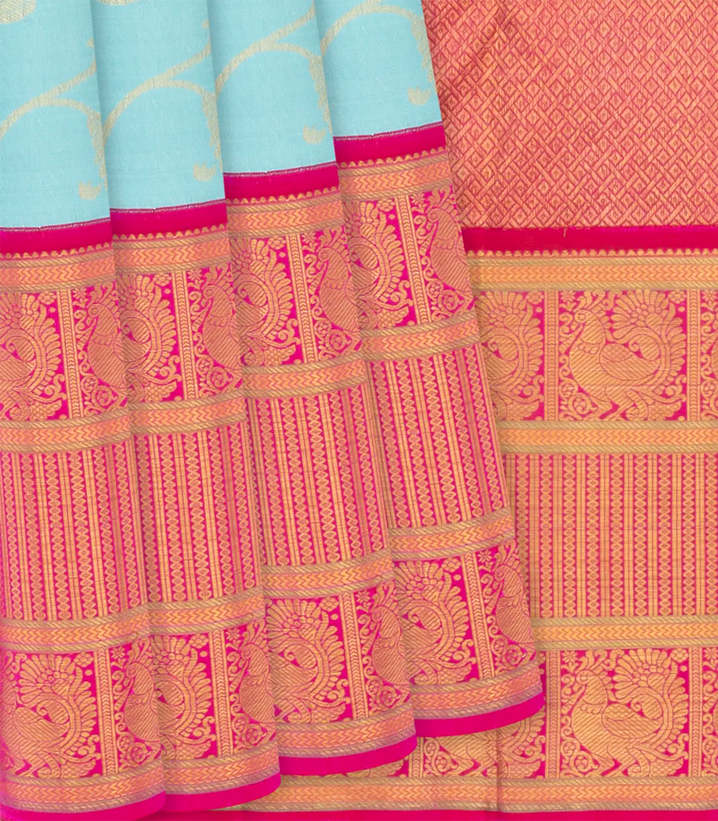 Turquoise Handloom Kanchipuram Korvai Silk Saree With Floral Zari Motifs  -Turquoise