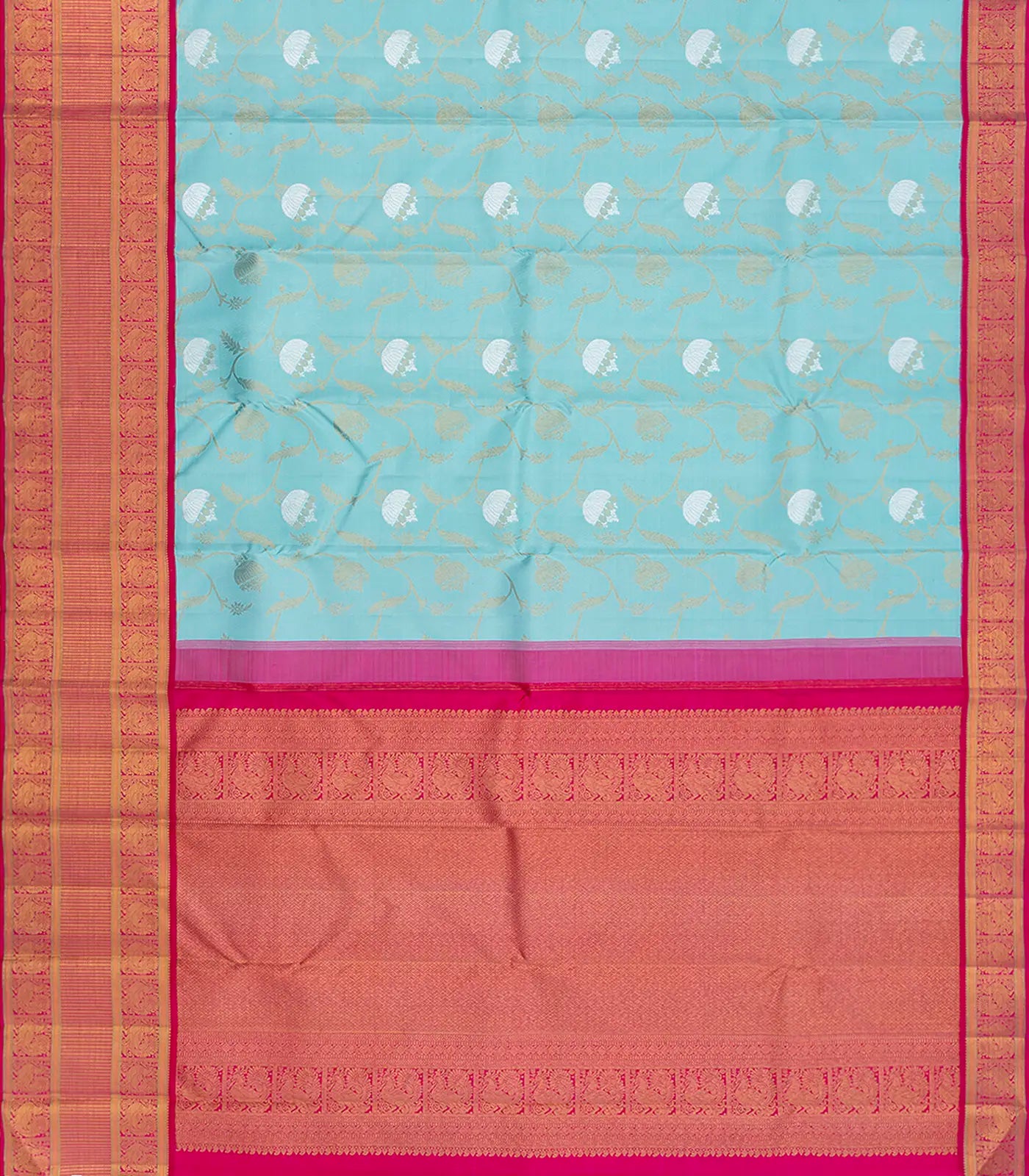 Turquoise Handloom Kanchipuram Korvai Silk Saree With Floral Zari Motifs  -Turquoise