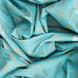 Turquoise Handloom Kanchipuram Korvai Silk Saree With Floral Zari Motifs  -Turquoise