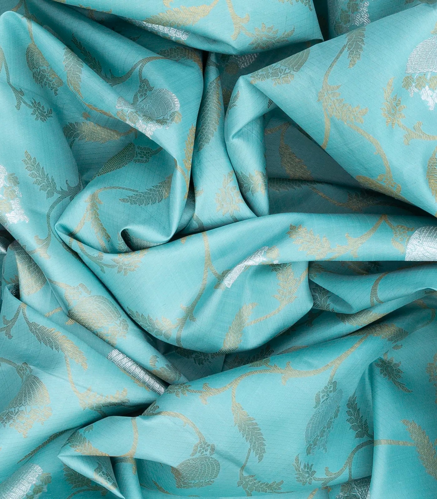 Turquoise Handloom Kanchipuram Korvai Silk Saree With Floral Zari Motifs  -Turquoise