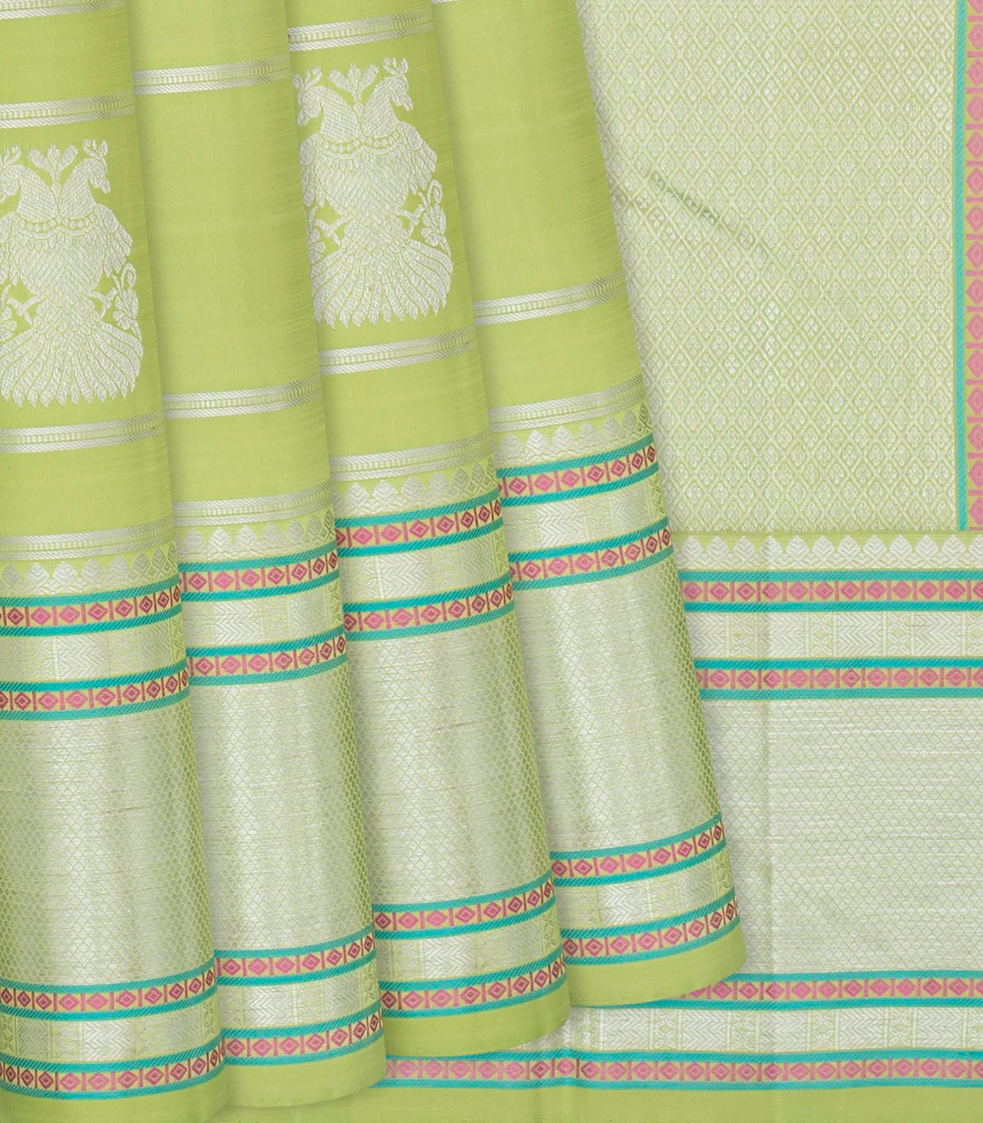 Pista Green Handloom Kanchipuram Silk Saree  With Gandaberunda Motifs-Pista Green