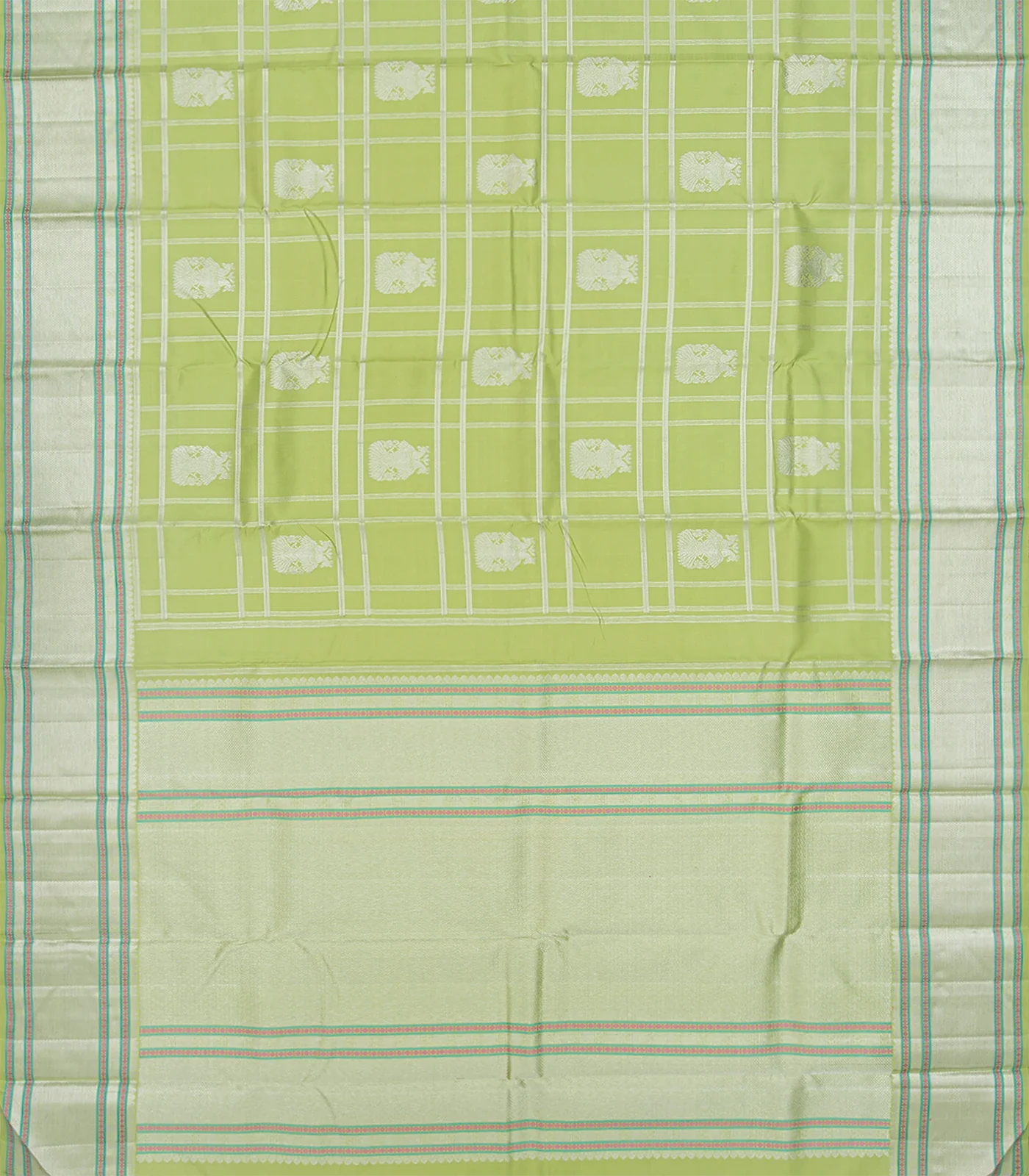Pista Green Handloom Kanchipuram Silk Saree  With Gandaberunda Motifs-Pista Green