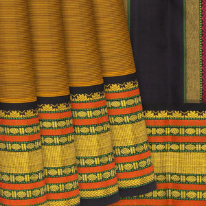 Oil Mustard Handloom Kanchipuram Korvai Silk Saree With Stripes-OIL MUSTARD