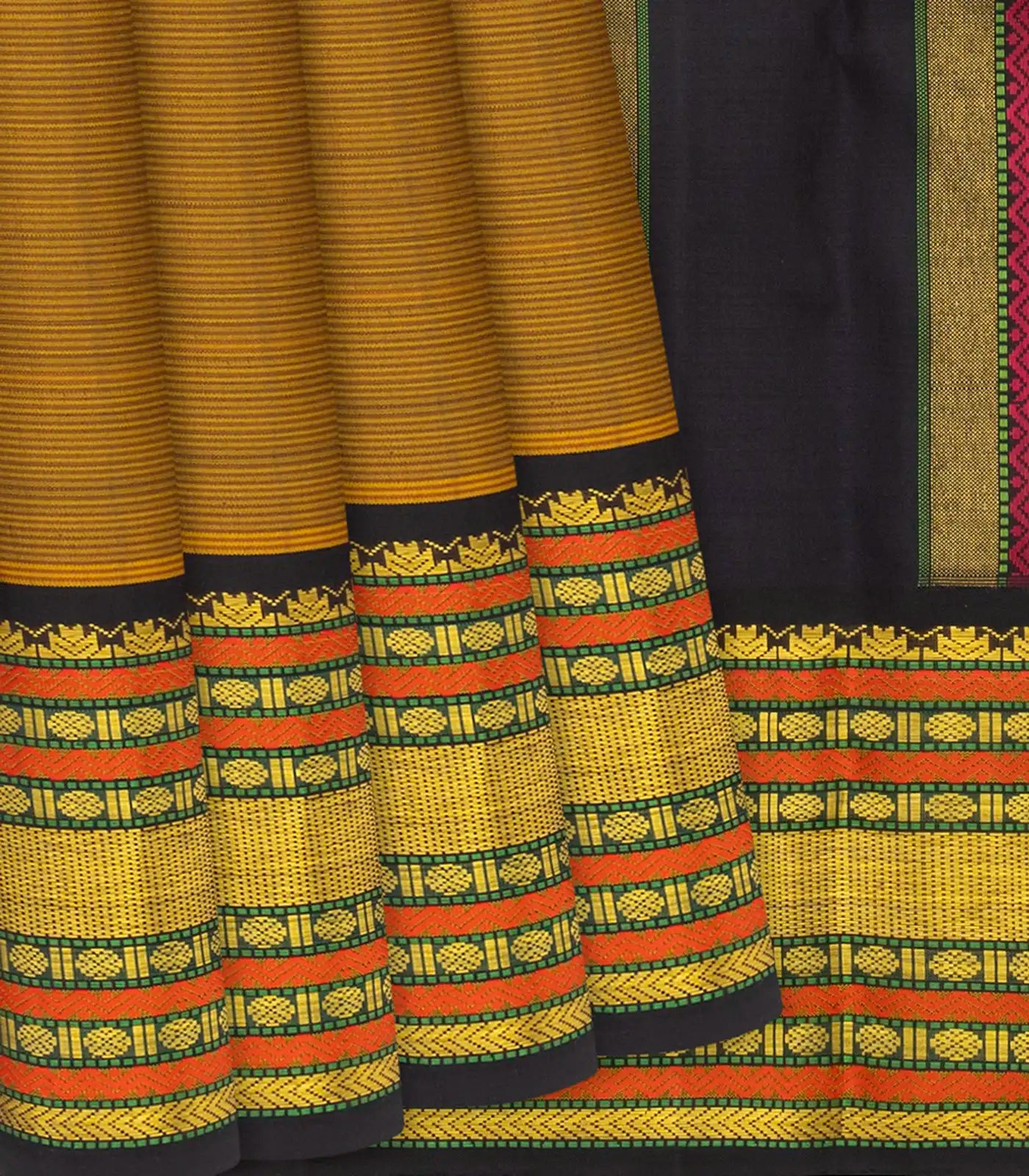 Oil Mustard Handloom Kanchipuram Korvai Silk Saree With Stripes-OIL MUSTARD