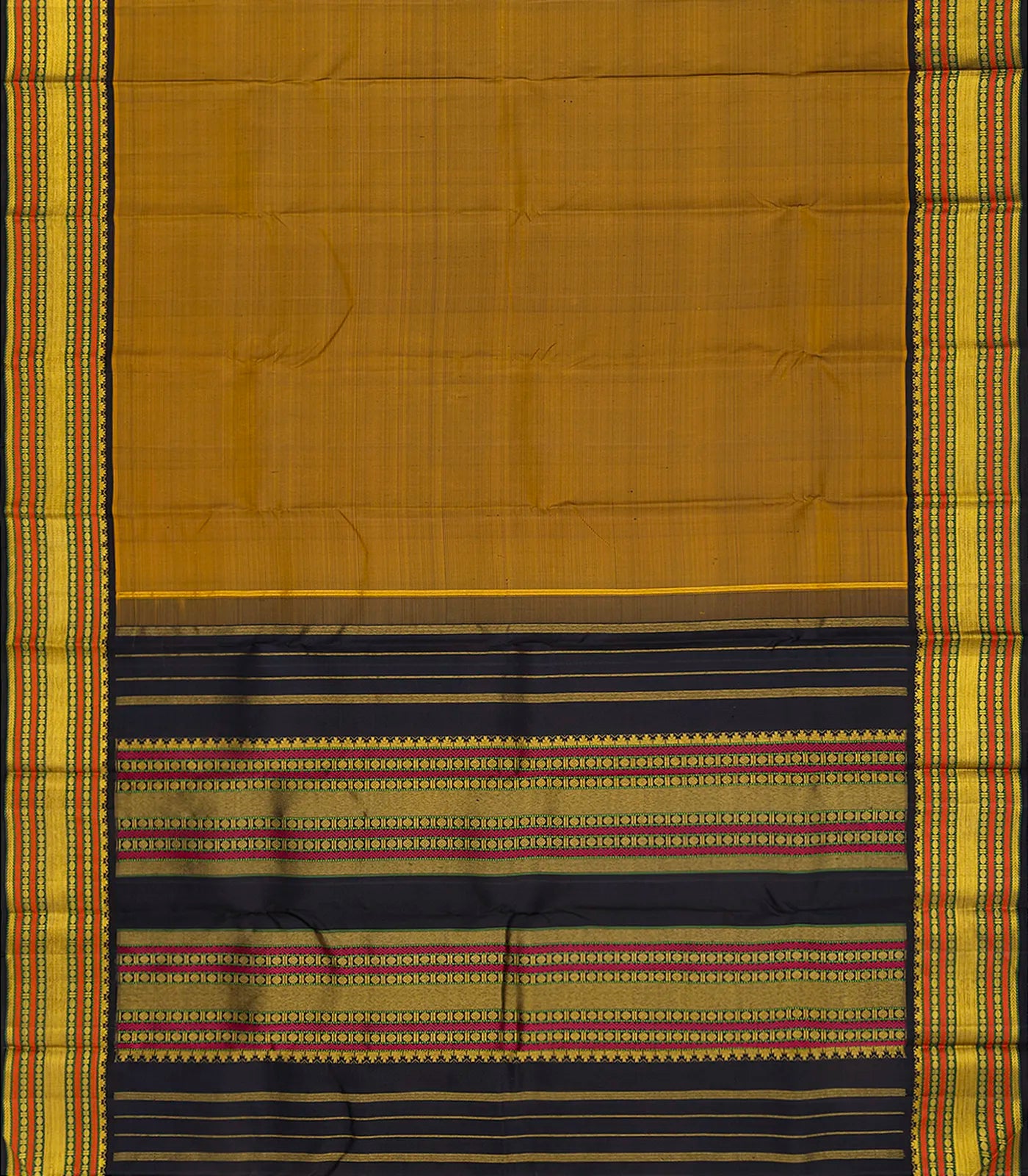 Oil Mustard Handloom Kanchipuram Korvai Silk Saree With Stripes-OIL MUSTARD