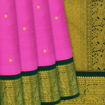 Hot Pink Handloom Kanchipuram Korvai Silk Saree With Coin Motifs-Hot Pink