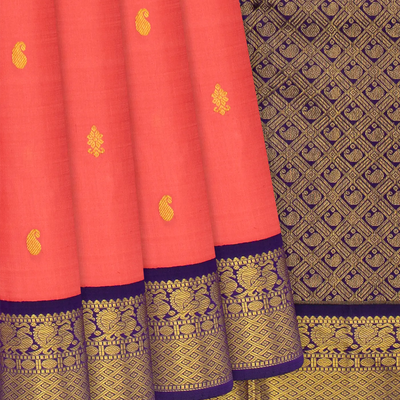 Peach Handloom Kanchipuram Korvai Silk Saree With Mango Motifs-Peach