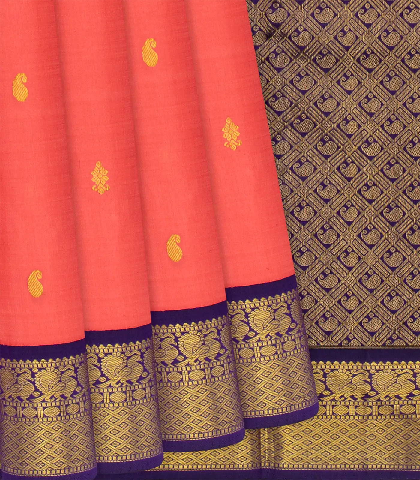 Peach Handloom Kanchipuram Korvai Silk Saree With Mango Motifs-Peach