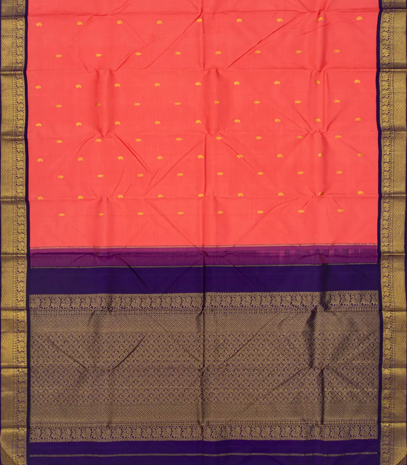 Peach Handloom Kanchipuram Korvai Silk Saree With Mango Motifs-Peach