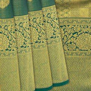 Dark Green Handloom Kanchipuram Silk Saree With Floral Motifs-Dark Green