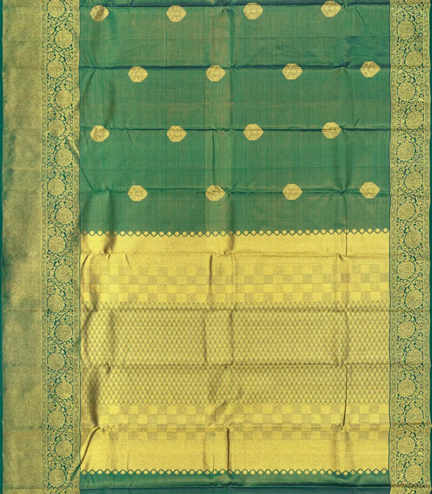 Dark Green Handloom Kanchipuram Silk Saree With Floral Motifs-Dark Green