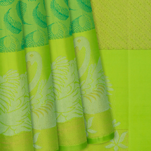 Light Green Handloom Kanchipuram Silk Saree With Leaf Motifs-Light Green