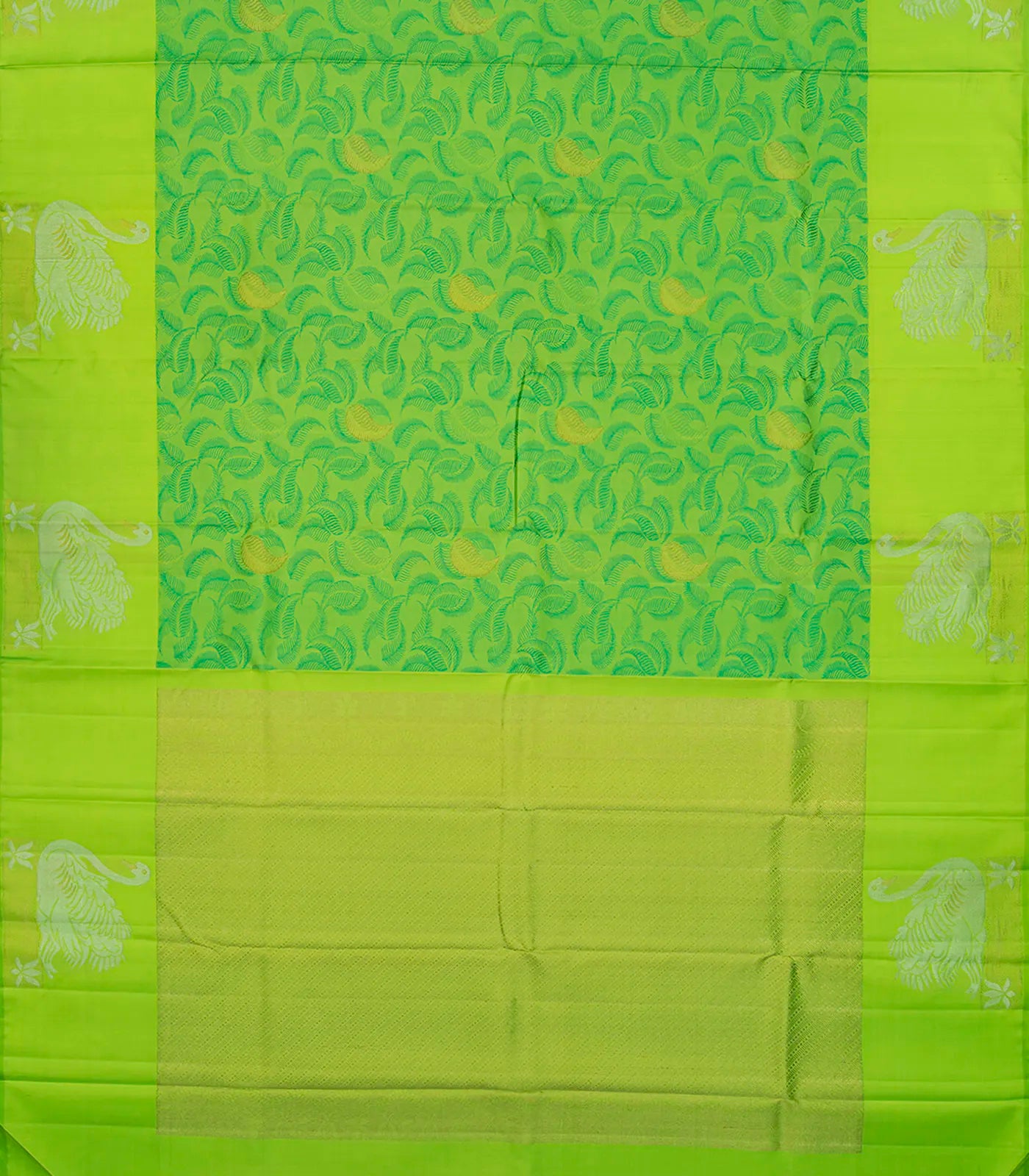 Light Green Handloom Kanchipuram Silk Saree With Leaf Motifs-Light Green