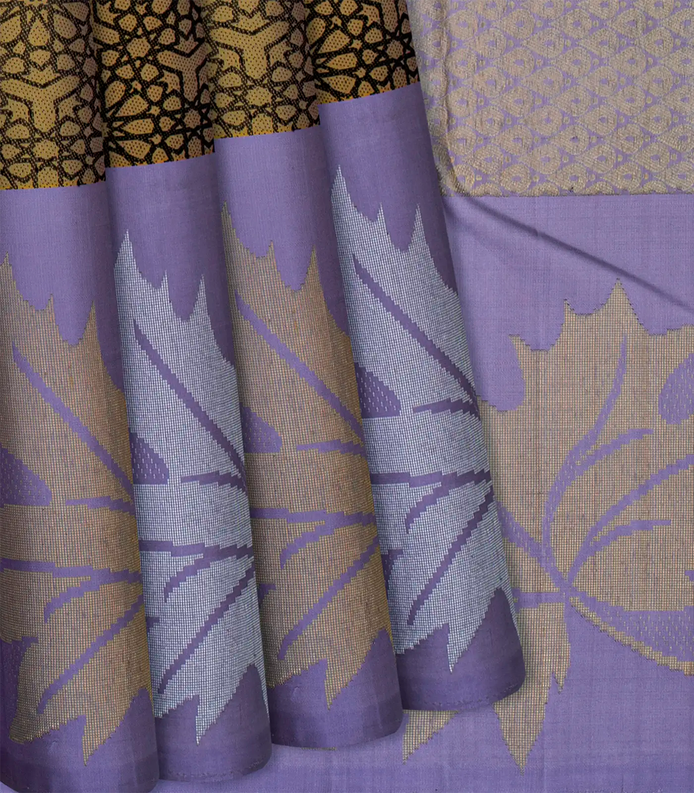 Mustard Handloom Kanchipuram Silk Saree With Geometric Motifs-Mustard