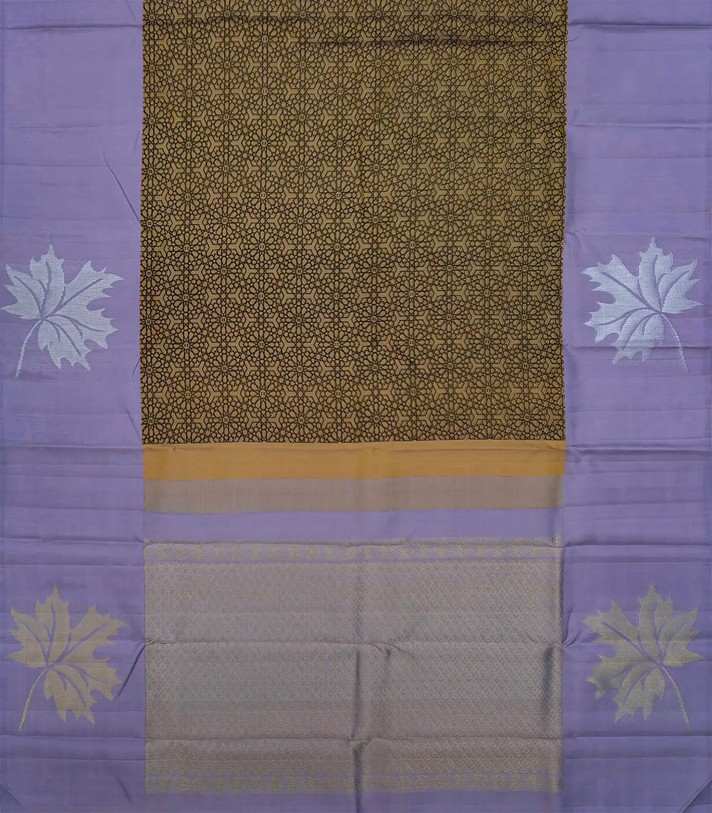 Mustard Handloom Kanchipuram Silk Saree With Geometric Motifs-Mustard