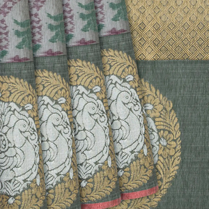 Grey Handloom Kanchipuram Silk Saree With Tie & Dye Floral Motifs-Grey