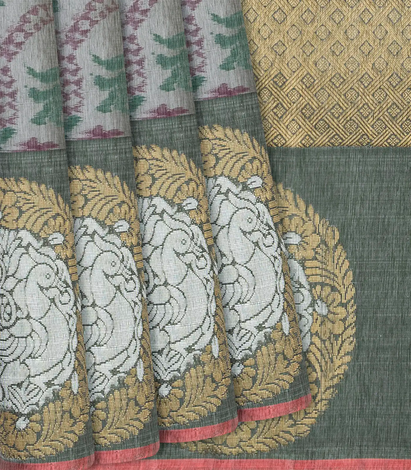 Grey Handloom Kanchipuram Silk Saree With Tie & Dye Floral Motifs-Grey