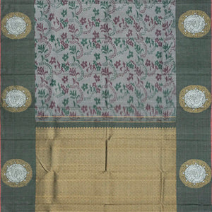 Grey Handloom Kanchipuram Silk Saree With Tie & Dye Floral Motifs-Grey
