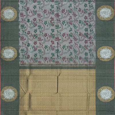 Grey Handloom Kanchipuram Silk Saree With Tie & Dye Floral Motifs-Grey