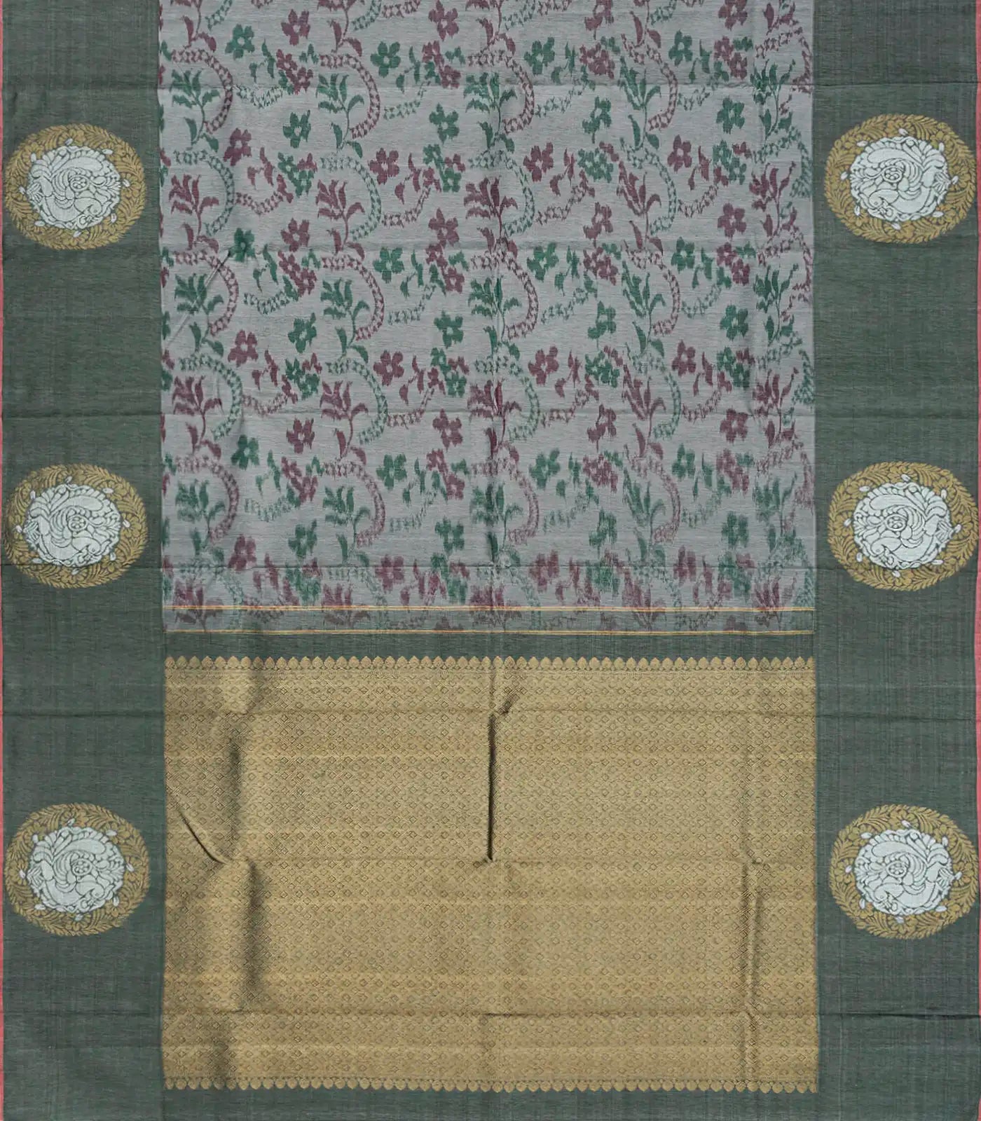 Grey Handloom Kanchipuram Silk Saree With Tie & Dye Floral Motifs-Grey