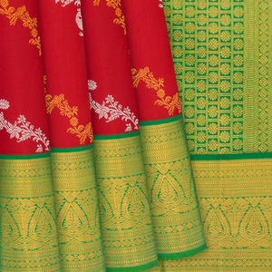 Red Handloom Kanchipuram Korvai Silk Saree Peacock Motifs-Red
