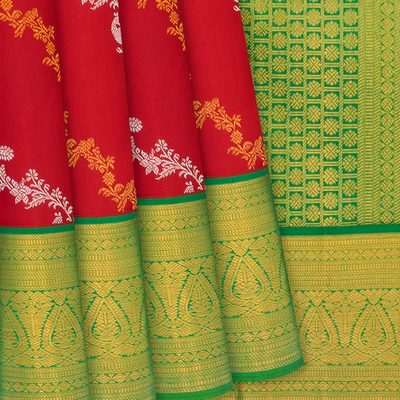 Red Handloom Kanchipuram Korvai Silk Saree Peacock Motifs-Red