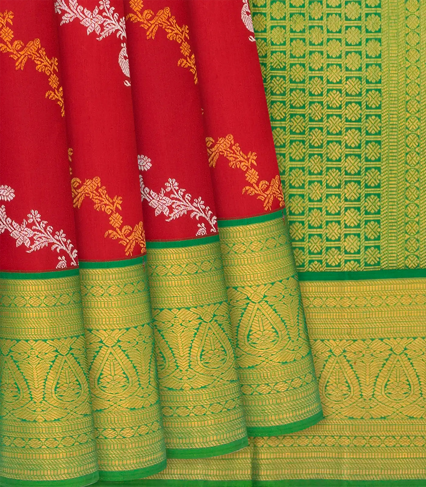 Red Handloom Kanchipuram Korvai Silk Saree Peacock Motifs-Red