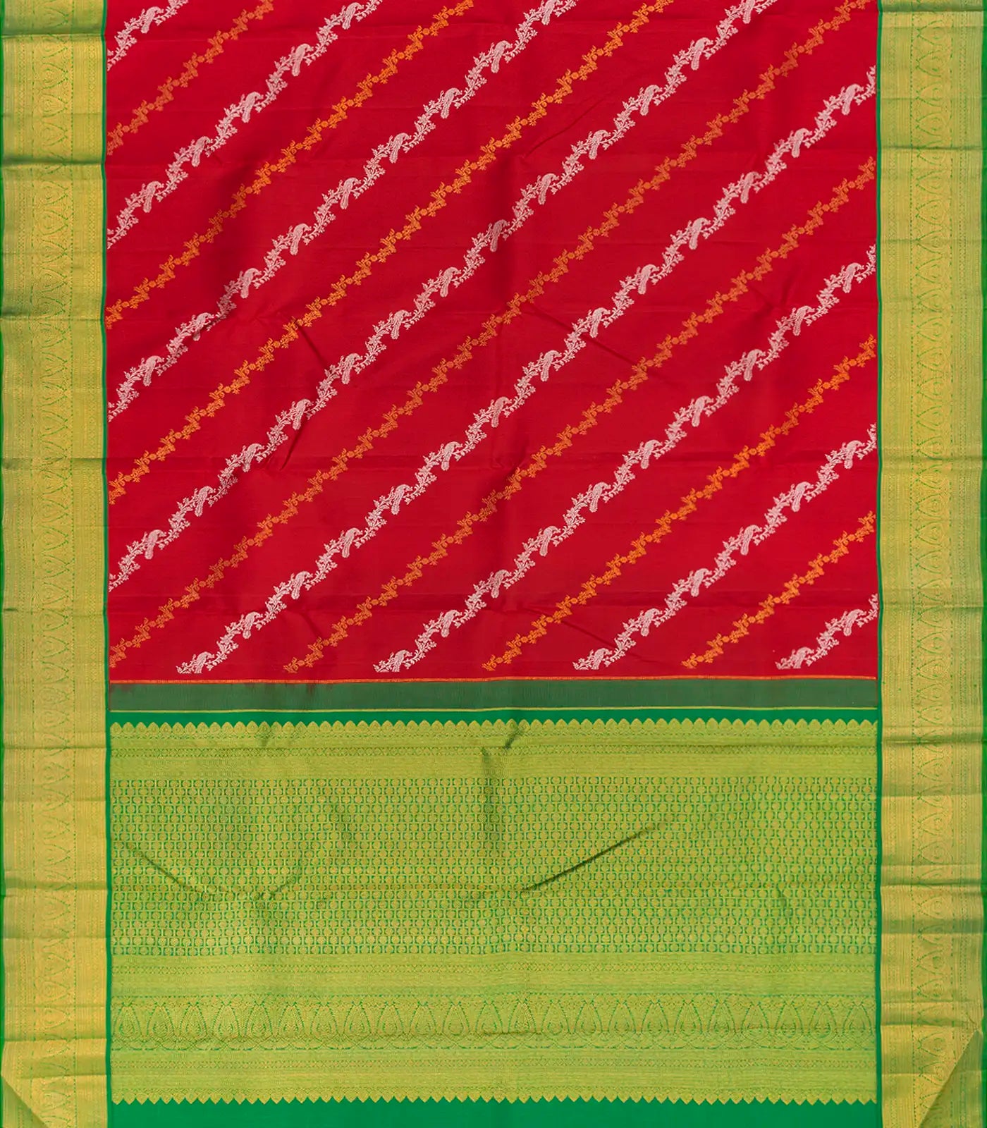 Red Handloom Kanchipuram Korvai Silk Saree Peacock Motifs-Red