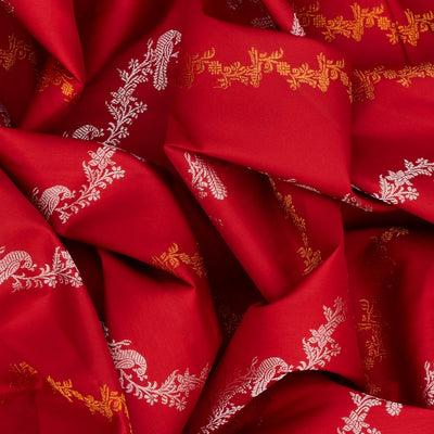 Red Handloom Kanchipuram Korvai Silk Saree Peacock Motifs-Red