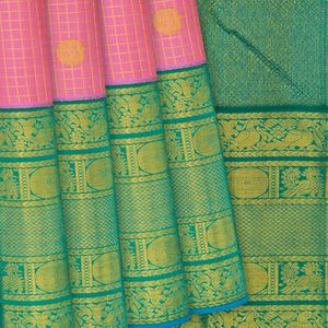 Bubble-gum Pink Handloom Kanchipuram Korvai Silk Saree With Checks & Buttas-BubbleGum Pink