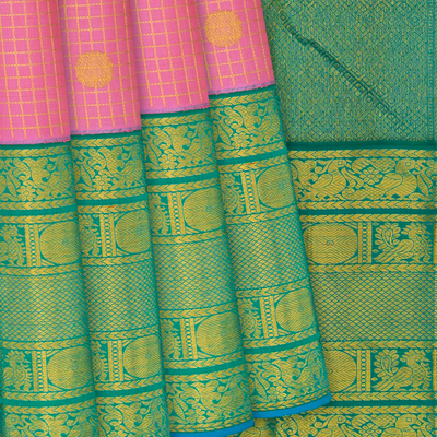Bubble-gum Pink Handloom Kanchipuram Korvai Silk Saree With Checks & Buttas-BubbleGum Pink