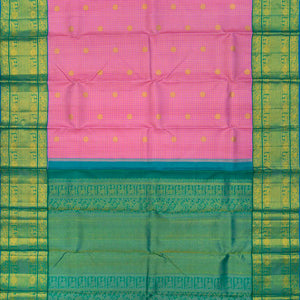 Bubble-gum Pink Handloom Kanchipuram Korvai Silk Saree With Checks & Buttas-BubbleGum Pink