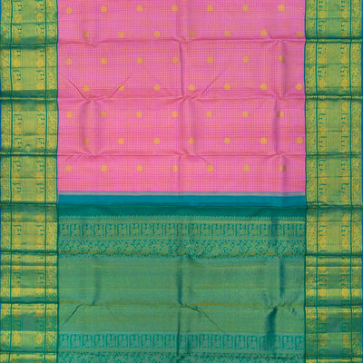 Bubble-gum Pink Handloom Kanchipuram Korvai Silk Saree With Checks & Buttas-BubbleGum Pink
