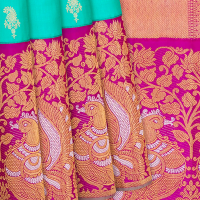 Turquoise Handloom Kanchipuram Korvai Silk Saree With Mango Buttas-Turquoise