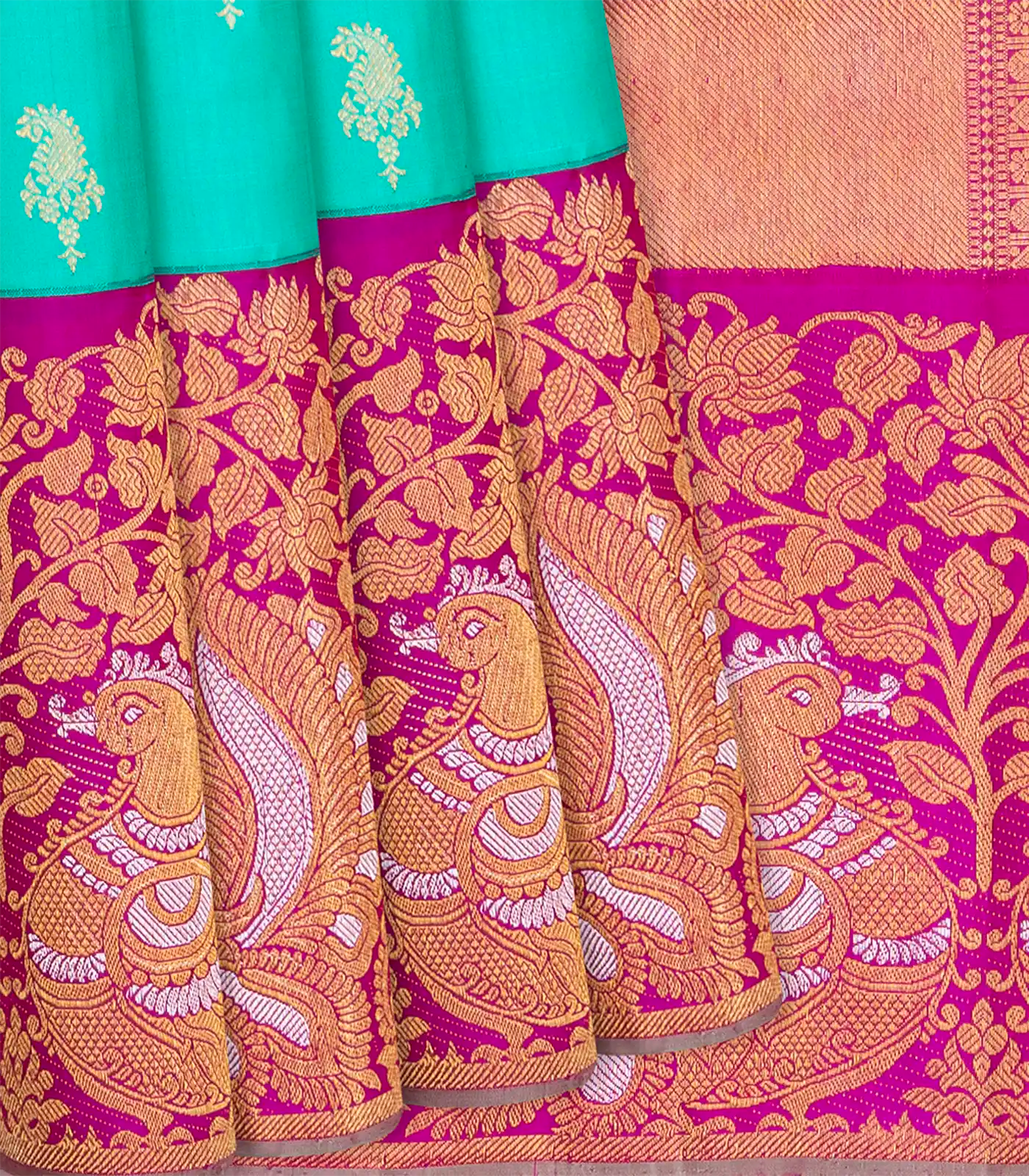 Turquoise Handloom Kanchipuram Korvai Silk Saree With Mango Buttas-Turquoise