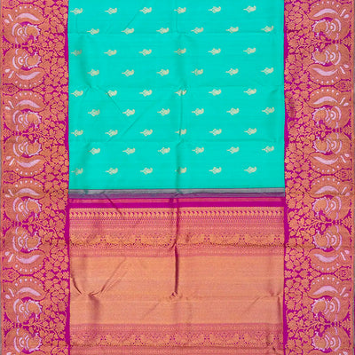 Turquoise Handloom Kanchipuram Korvai Silk Saree With Mango Buttas-Turquoise
