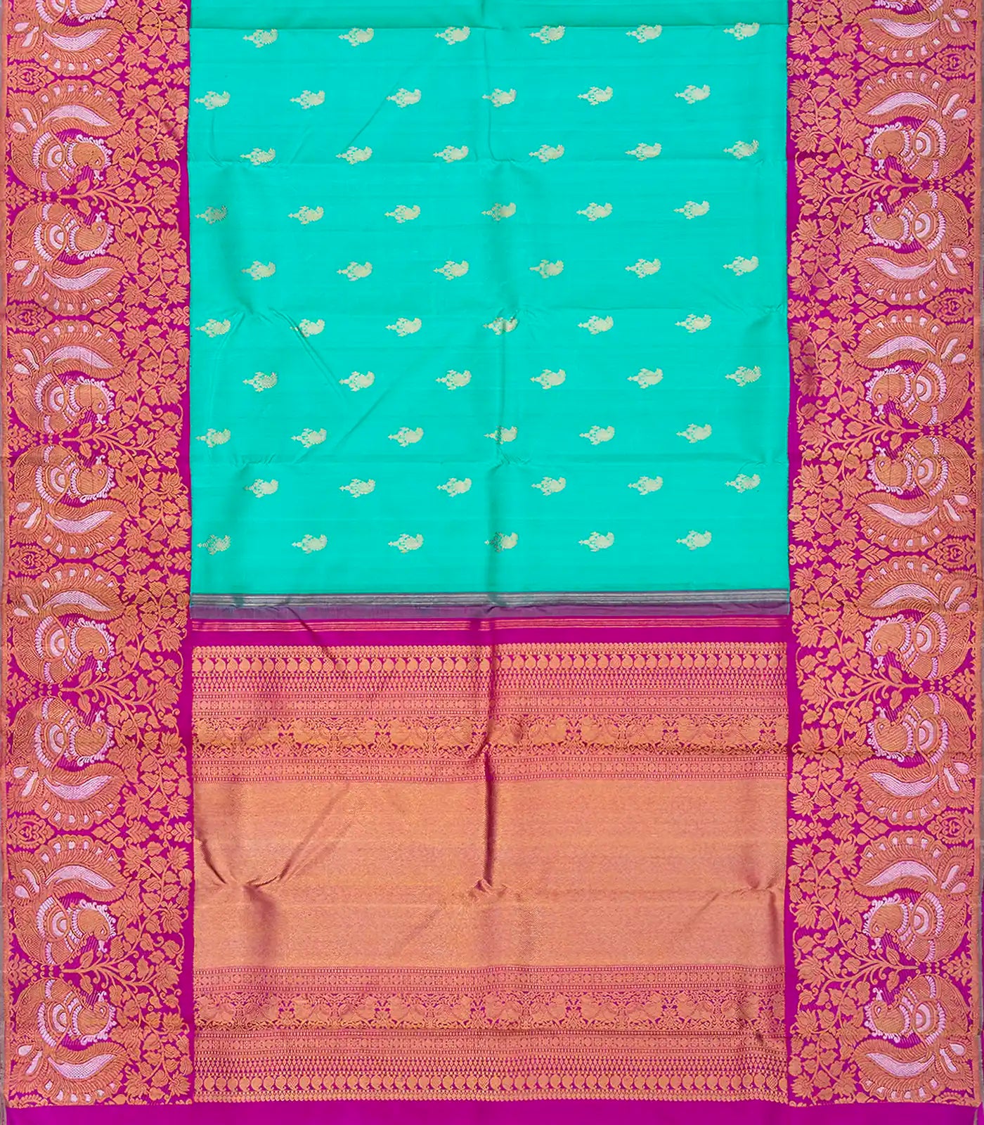 Turquoise Handloom Kanchipuram Korvai Silk Saree With Mango Buttas-Turquoise