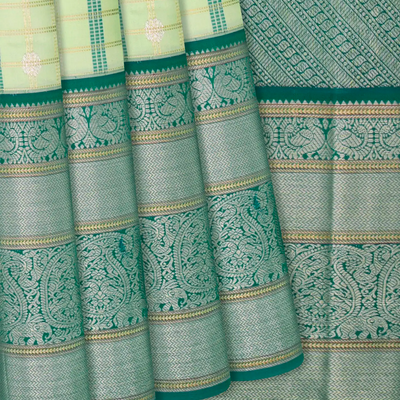 Light Green Handloom Kanchipuram Korvai Silk Saree With Annam Buttas & Checks-Light Green