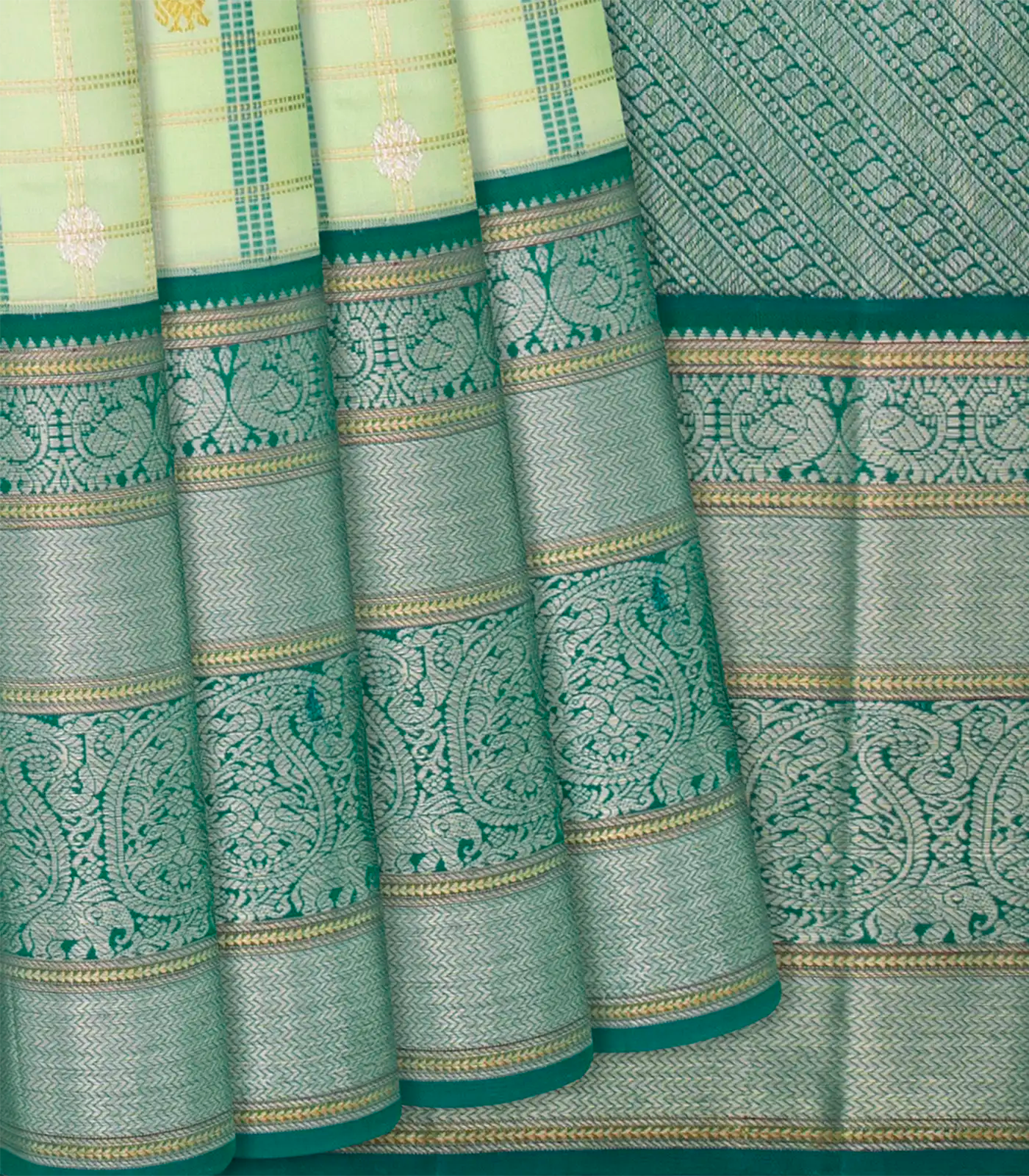 Light Green Handloom Kanchipuram Korvai Silk Saree With Annam Buttas & Checks-Light Green