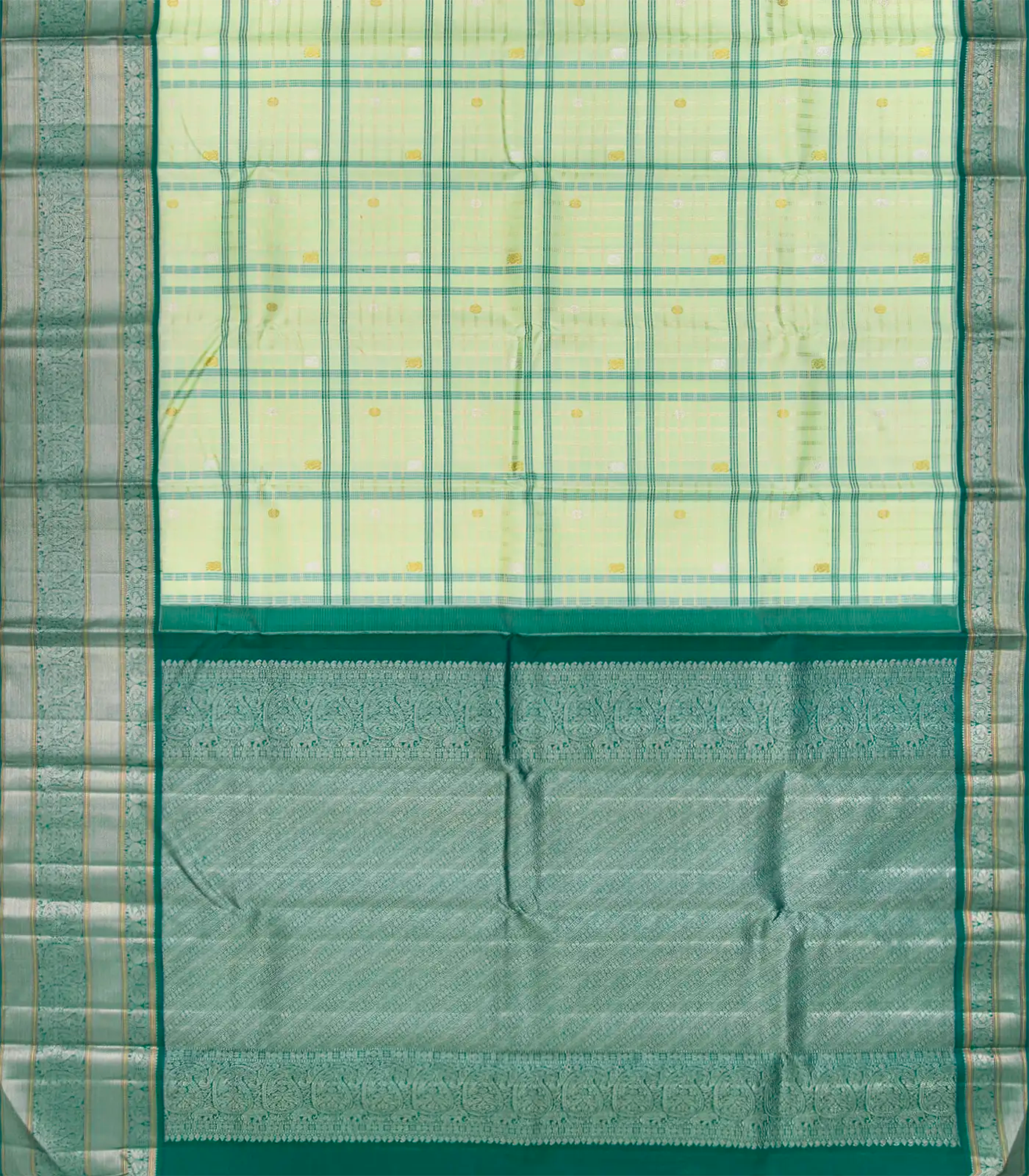 Light Green Handloom Kanchipuram Korvai Silk Saree With Annam Buttas & Checks-Light Green
