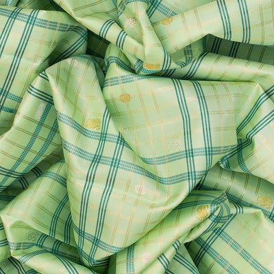 Light Green Handloom Kanchipuram Korvai Silk Saree With Annam Buttas & Checks-Light Green