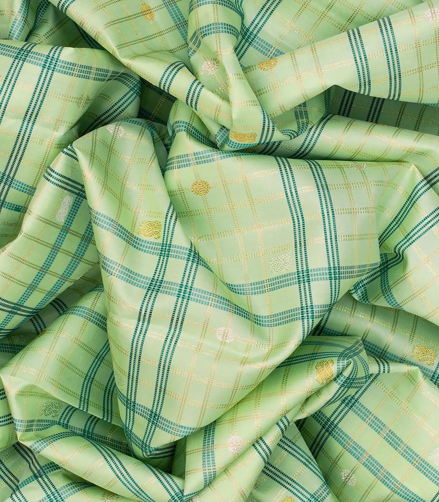 Light Green Handloom Kanchipuram Korvai Silk Saree With Annam Buttas & Checks-Light Green