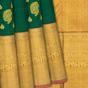 Dark Green Handloom Kanchipuram Korvai Silk Saree With Zari Checks & Buttas-Dark Green