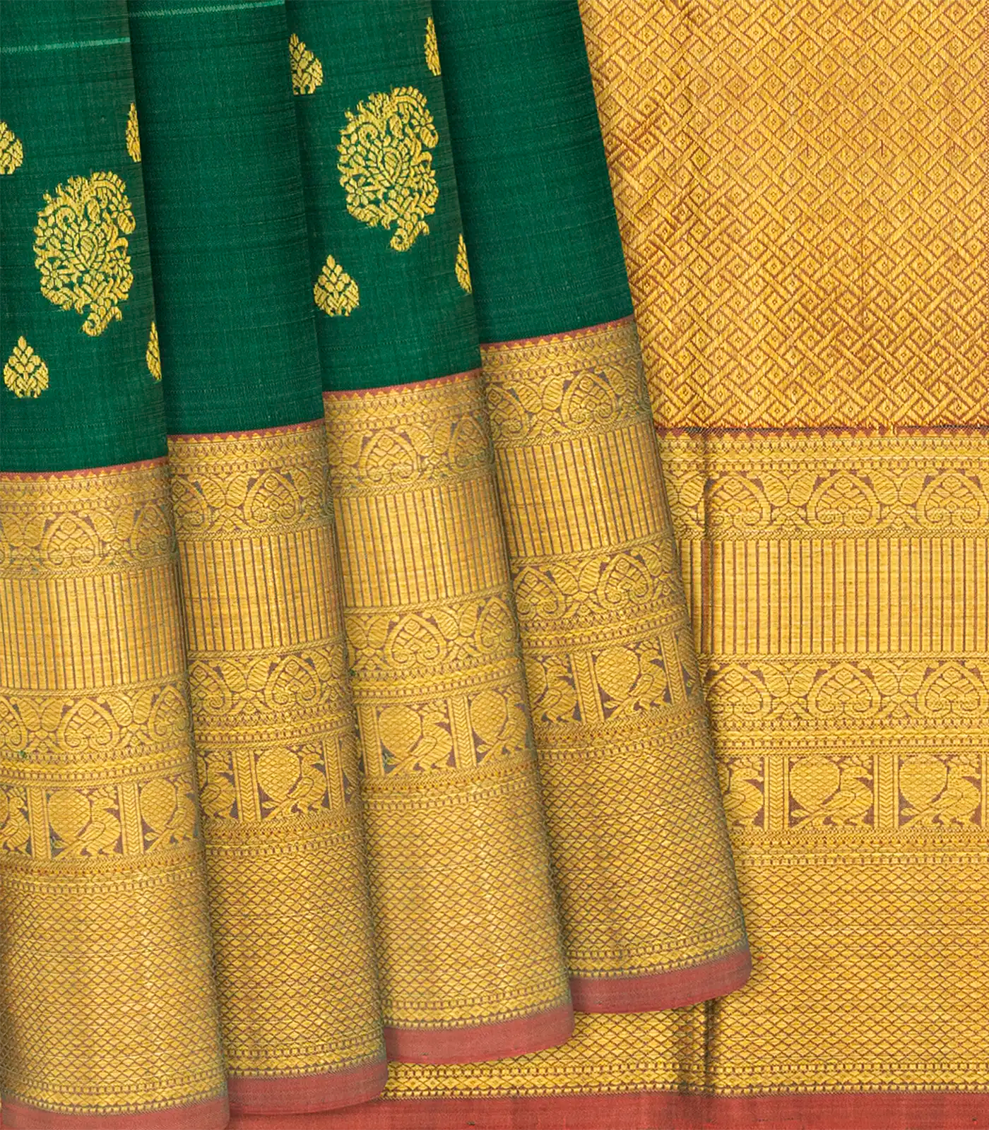 Dark Green Handloom Kanchipuram Korvai Silk Saree With Zari Checks & Buttas-Dark Green
