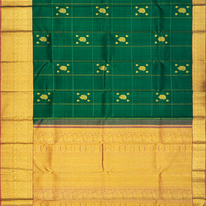 Dark Green Handloom Kanchipuram Korvai Silk Saree With Zari Checks & Buttas-Dark Green