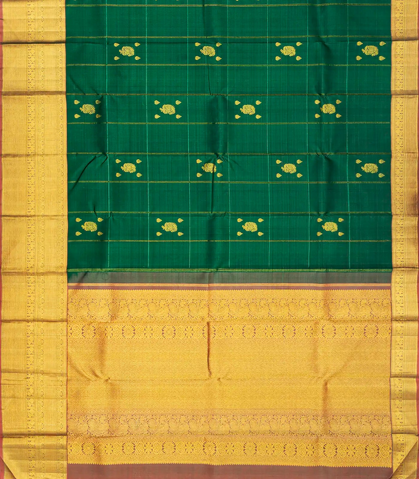 Dark Green Handloom Kanchipuram Korvai Silk Saree With Zari Checks & Buttas-Dark Green