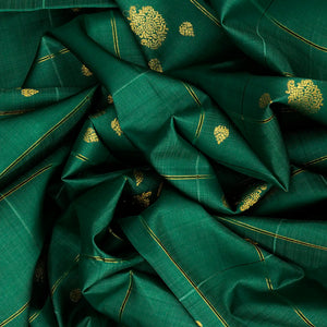 Dark Green Handloom Kanchipuram Korvai Silk Saree With Zari Checks & Buttas-Dark Green