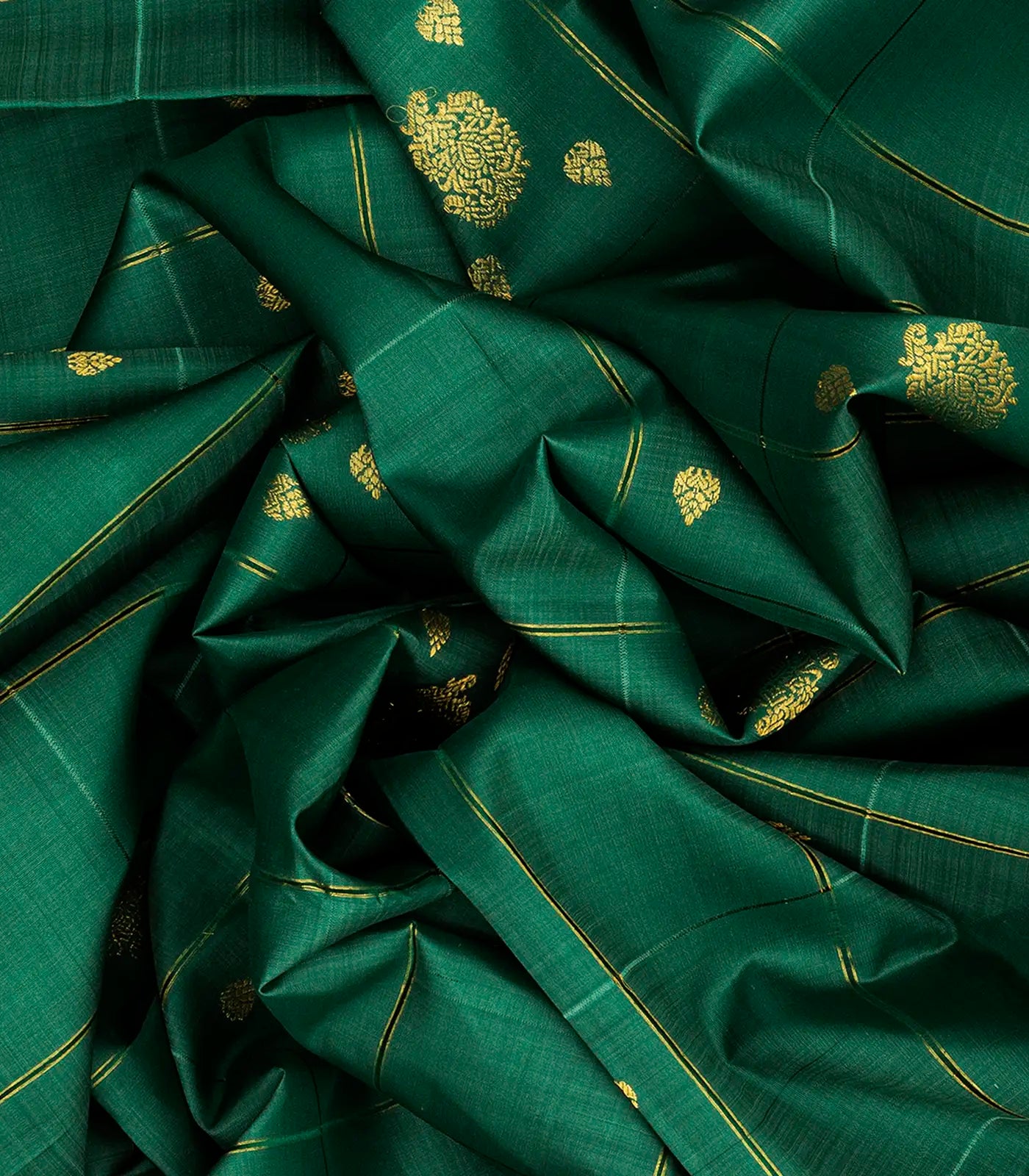 Dark Green Handloom Kanchipuram Korvai Silk Saree With Zari Checks & Buttas-Dark Green