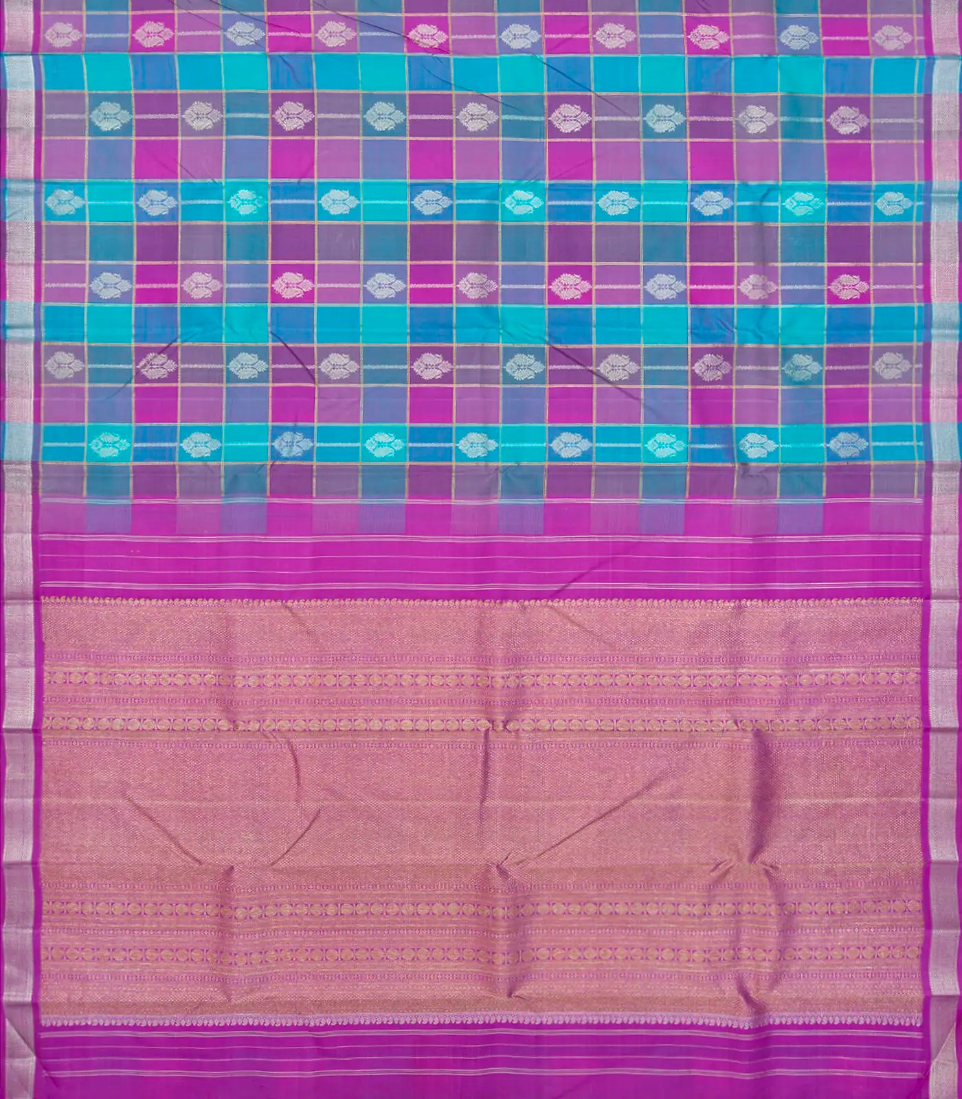 Pink Handloom Kanchipuram Silk Saree With Zari Checks & Buttas-Pink